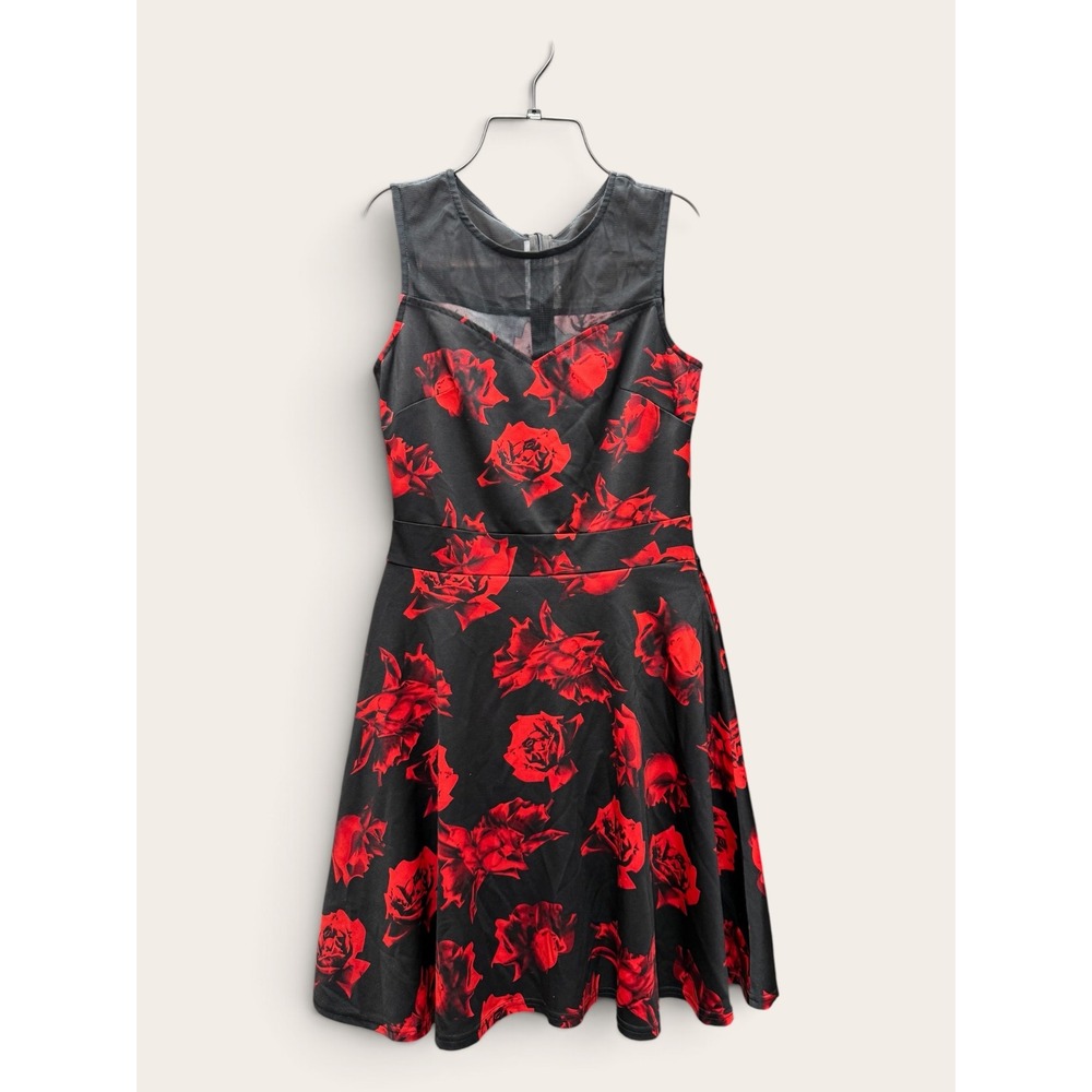 Fashion Brand Womens XS Dress Black Red Rose Floral Mesh Skater Fit and Flare